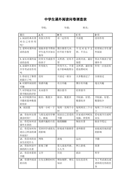 中学生课外阅读问卷调查表