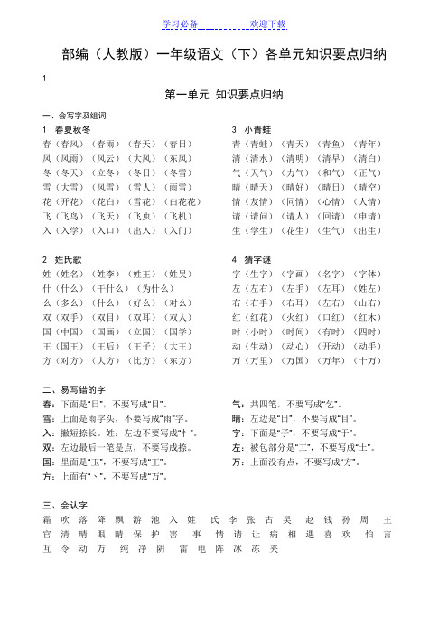 部编(人教版)一年级语文下册单元知识要点归纳-全册