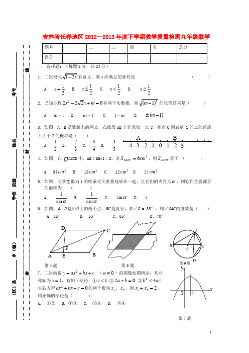 吉林省长地区九年级数学下学期教学质量检测试卷 华东