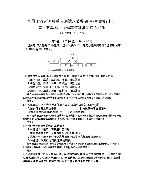 《全国100所名校示范卷》2016高三生物(人教版东部卷)一轮复习 第十五单元 《稳态与环境》综合检测