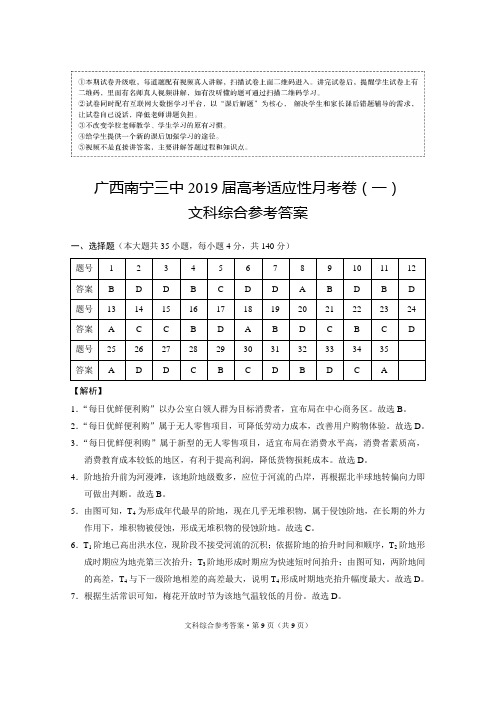 广西南宁三中2019届高考适应性月考卷(一)文科综合-答案