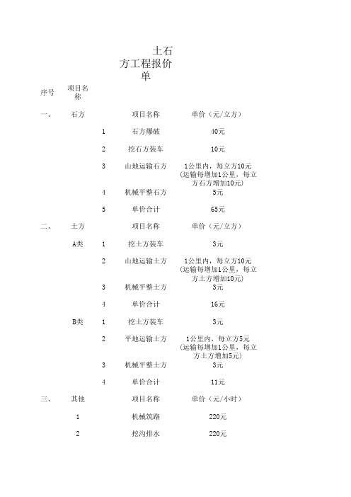 土石方工程简易报价