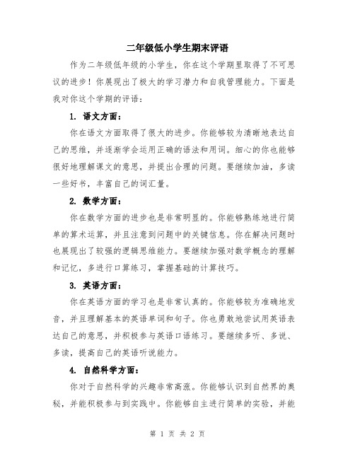 二年级低小学生期末评语