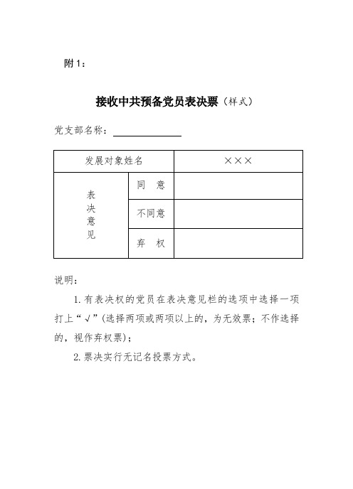 接收中共预备党员表决票(样式)