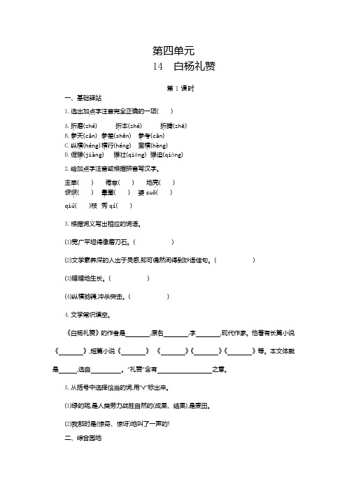 部编(RJ)版八年级语文上册导学案14 白杨礼赞