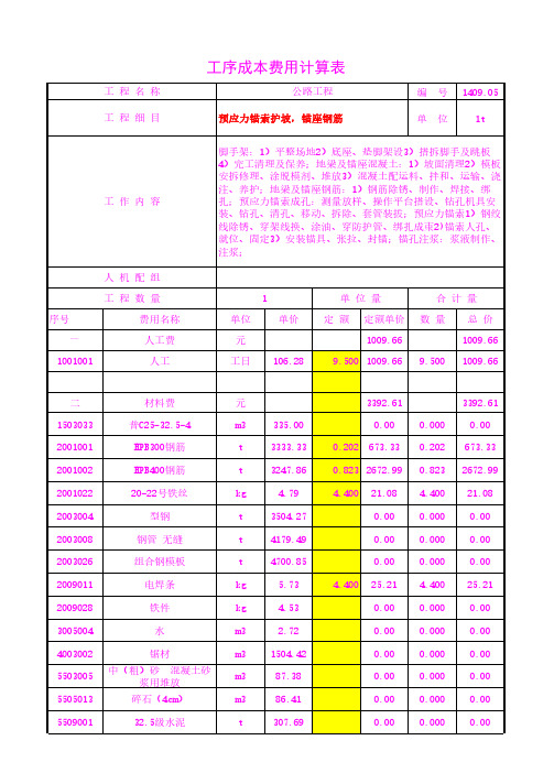 预应力锚索护坡,锚座钢筋工序成本单价20年3月