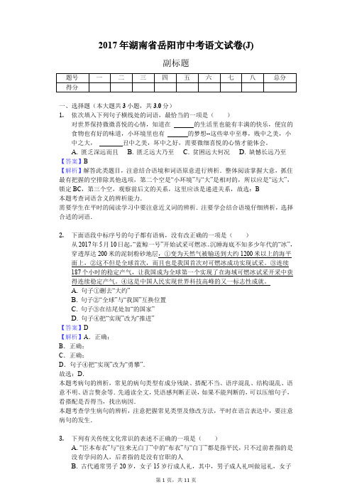 2017年湖南省岳阳市中考语文试卷(J)