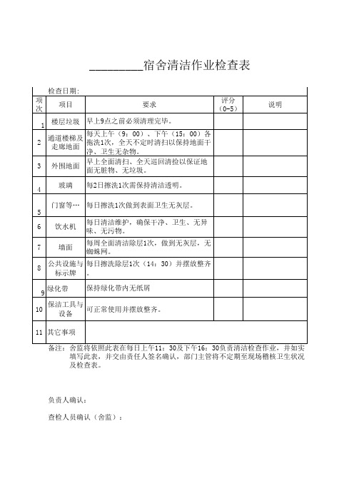 宿舍清洁作业检查表