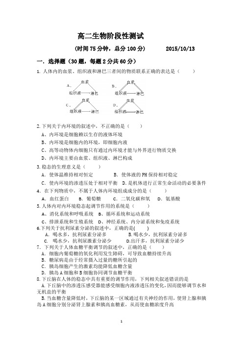 高二生物-2015-2016学年高二上学期阶段性测试生物试题