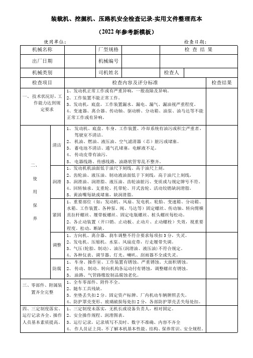 装载机、挖掘机、压路机安全检查记录-实用文件整理范本(2022年参考新模板)