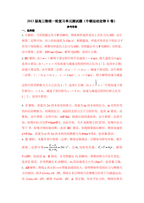 2013届高三物理一轮复习单元测试题(牛顿运动定律B卷)参考答案