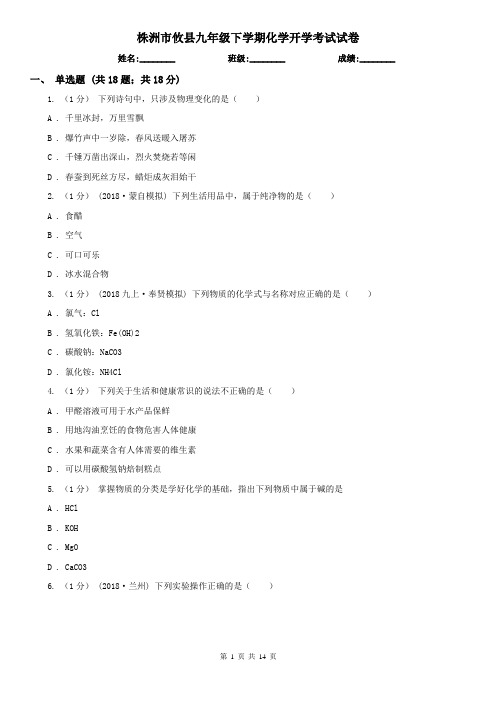株洲市攸县九年级下学期化学开学考试试卷