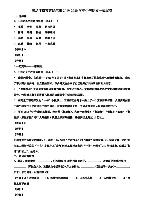 黑龙江省齐齐哈尔市2019-2020学年中考语文一模试卷含解析
