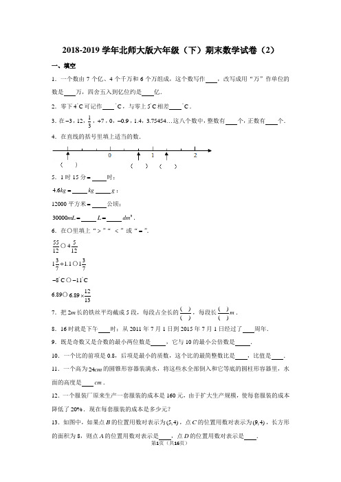 (北师大新版)2018-2019学年北师大版六年级(下)期末数学试卷(2)
