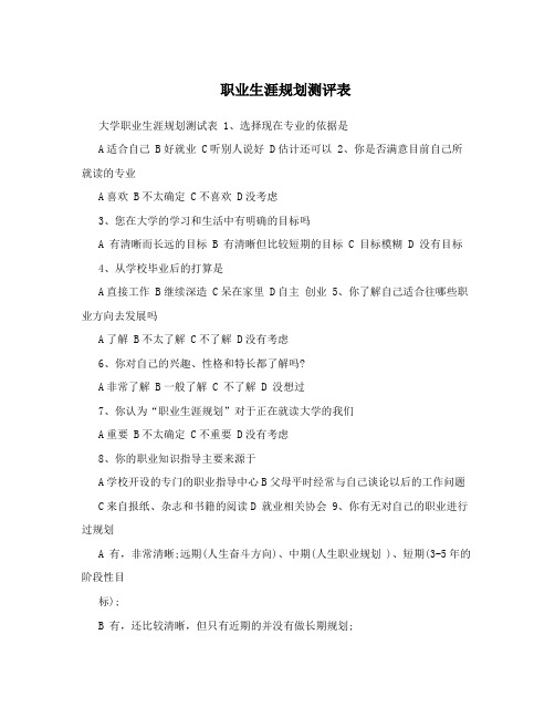 职业生涯规划测评表