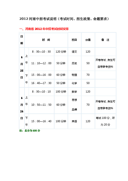 2012河南中招考试说明(考试时间、招生政策、命题要求)请家长赶快下载!!!