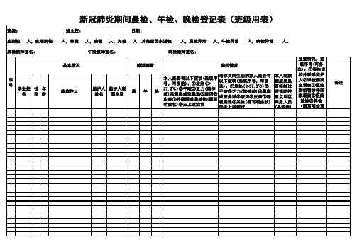 新冠肺炎期间师生晨午晚检班级用、学校用各类登记表(五个表)