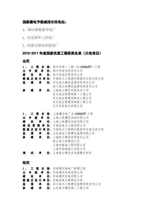 2010-2014国家优质工程奖、鲁班奖、国家煤电节能减排示范电站项目清单