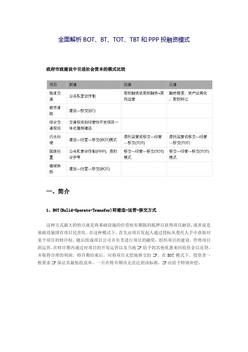 全面解析BOT、BT、TOT、TBT和PPP投融资模式