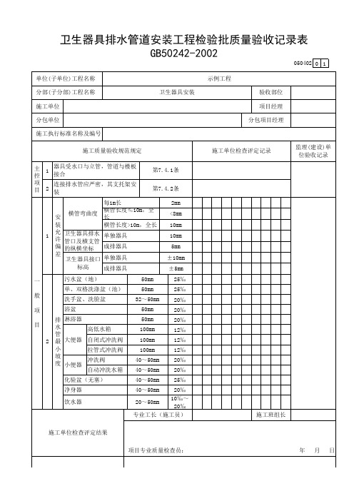 卫生器具排水管道安装工程检验批质量验收记录表