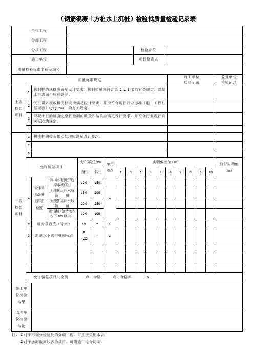 (钢筋混凝土方桩水上沉桩)检验批质量检验记录表