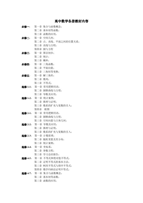 高中数学各册教材内容
