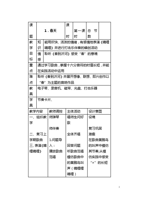 人音版三年级下册音乐教案表格版