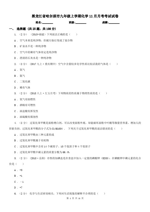 黑龙江省哈尔滨市九年级上学期化学11月月考考试试卷