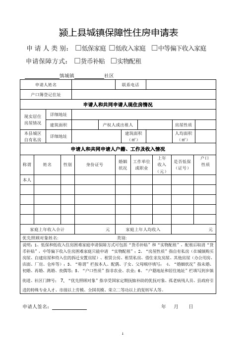 颍上城镇保障性住房申请表