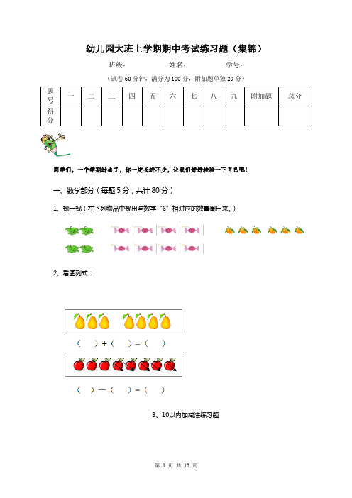 幼儿园大班上学期期中考试练习题(集锦)