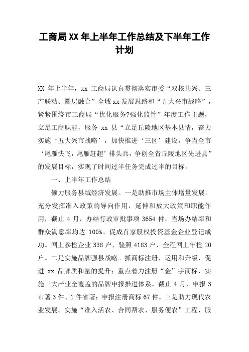 工商局XX年上半年工作总结及下半年工作计划