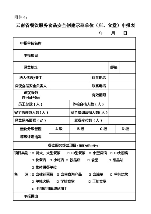 云南省餐饮服务食品安全示范单位(店、食堂)申报表