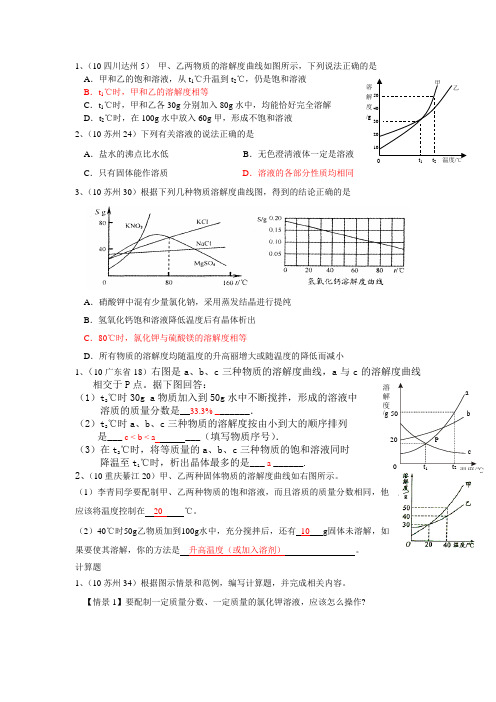 2010年全国中考化学单元汇编之溶液