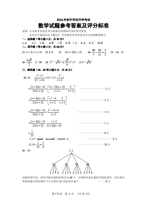 【VIP专享】2014年中考数学试题(副卷)参考答案及评分标准