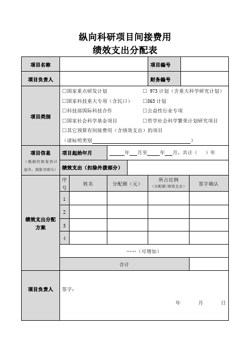 纵向科研项目间接费用绩效支出分配表