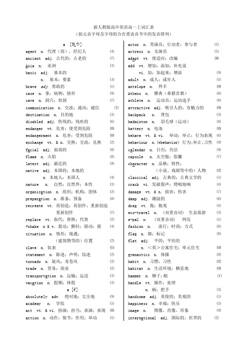 新人教版高中英语高一上词汇表