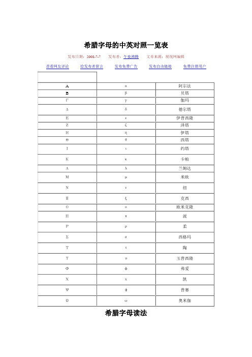 希腊字母的中英对照一览表