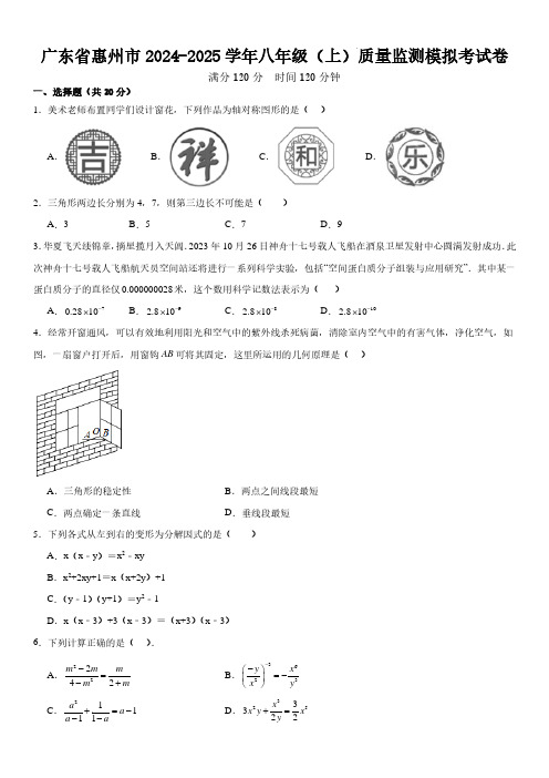 广东惠州2024-2025学年八年级上学期期末质量监测模拟考数学试卷+答案