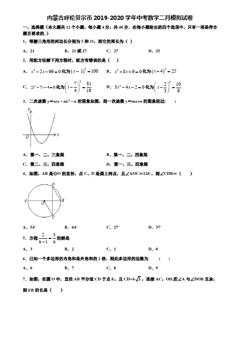 内蒙古呼伦贝尔市2019-2020学年中考数学二月模拟试卷含解析