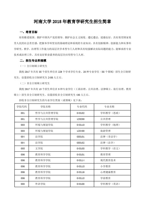 河南大学2018年度教育学研究生招生简章