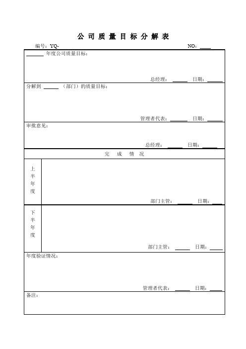公司质量目标分解表