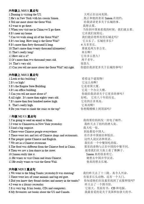 外研社小学英语六年级上M1----M10重点句
