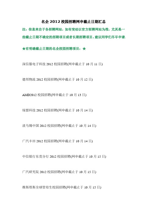 2012知名企业校园招聘网上申请截止日期汇总