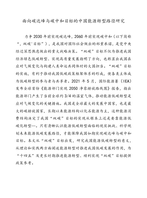 面向碳达峰与碳中和目标的中国能源转型路径研究