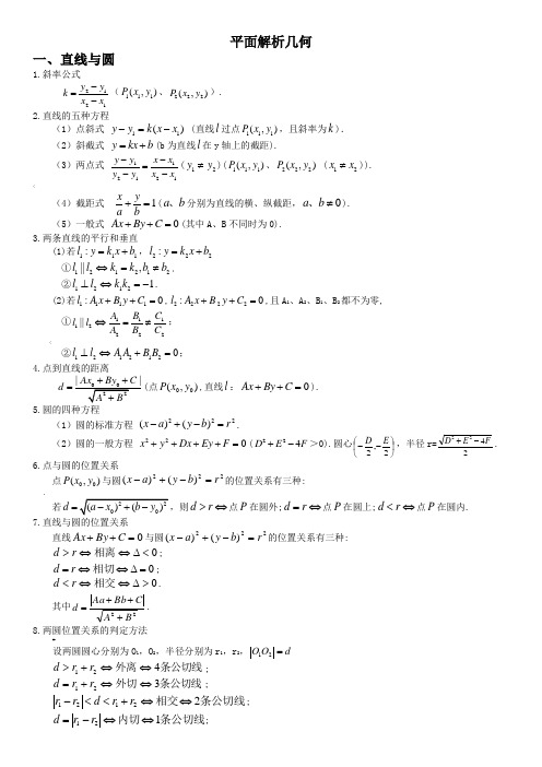 高中数学平面解析几何知识点总结