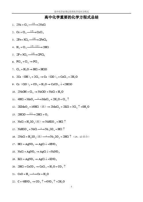 高中化学方程式大全(完整版)