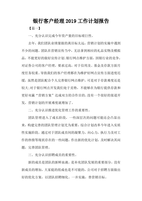 银行客户经理2019工作计划报告