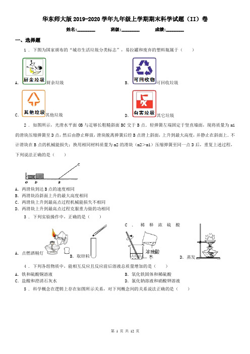 华东师大版2019-2020学年九年级上学期期末科学试题(II)卷(模拟)