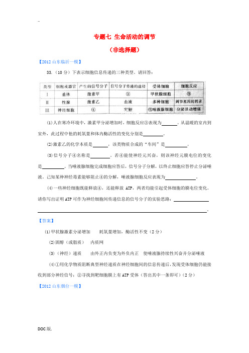 山东省各地2012高三生物一模分类汇编11 生命活动的调节(非选择题部分)