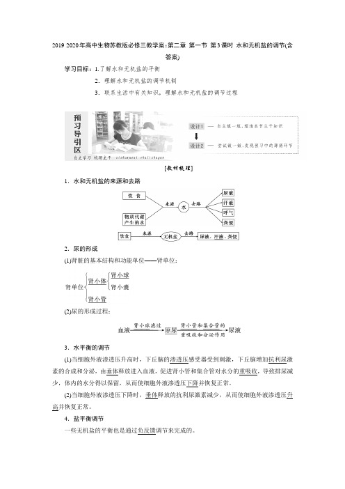 2019-2020年高中生物苏教版必修三教学案：第二章 第一节 第3课时 水和无机盐的调节(含答案)